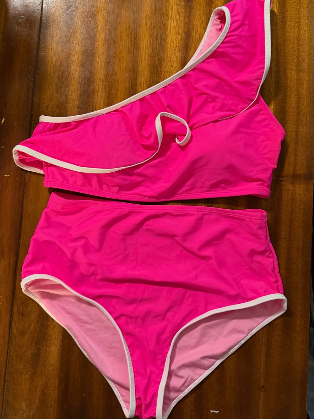 Hot Pink One-Shoulder Bikini Set with White Trim